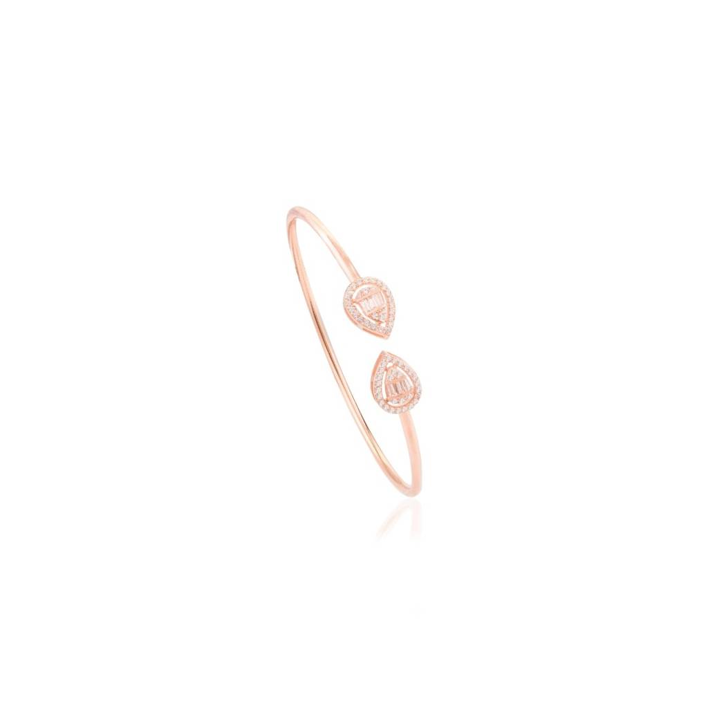 925 Silver Open Cuff Bangle In Rose Gold With Pear Shape Cz Gemstones : SMR50