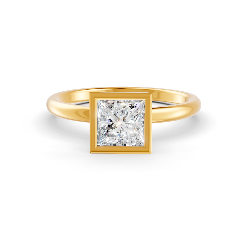 Princess Cut Real Moissanite Bezel Set Solitaire Ring 14K Gold Plated