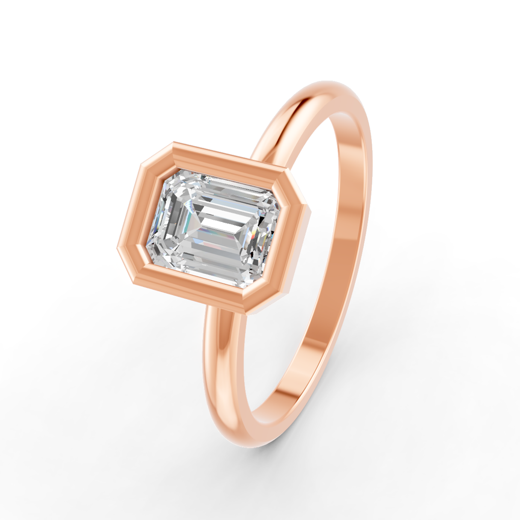 Emerald Cut Real Moissanite Bezel Set Solitaire Ring 14K Gold Plated : FJ_041