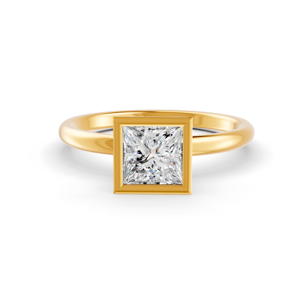 Princess Cut Real Moissanite Bezel Set Solitaire Ring 14K Gold Plated : FJ_036