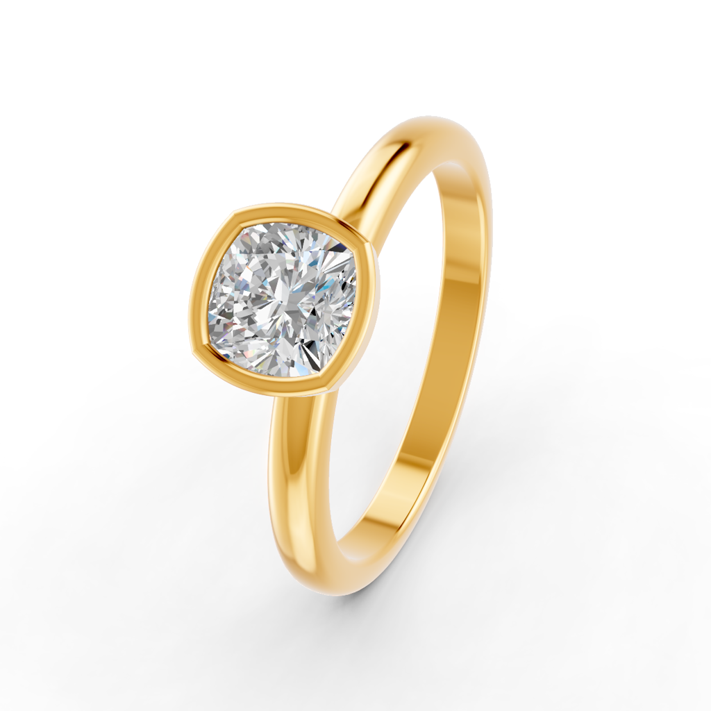 Cushion Cut Real Moissanite Bezel Set Solitaire Ring 14K Gold Plated : FJ_040