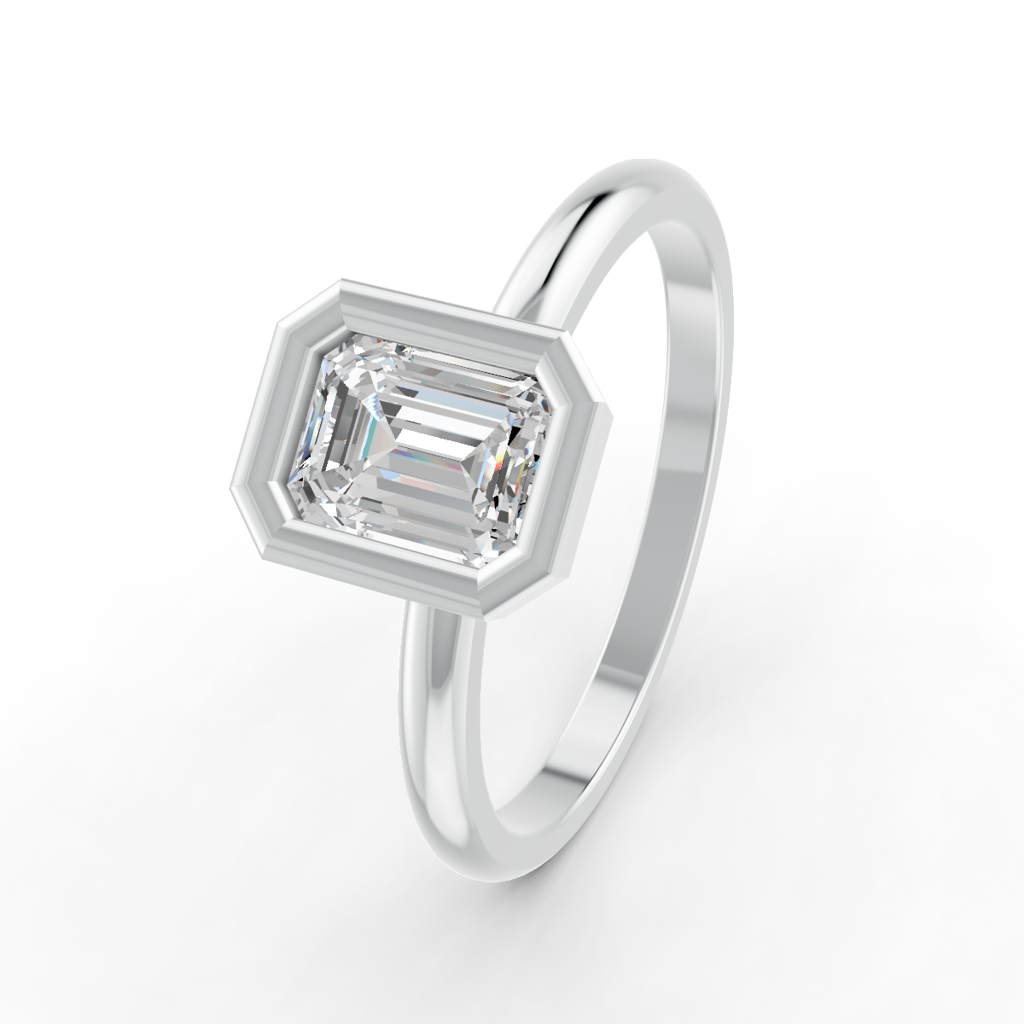 Emerald Cut Real Moissanite Bezel Set Solitaire Ring 14K Gold Plated : FJ_041