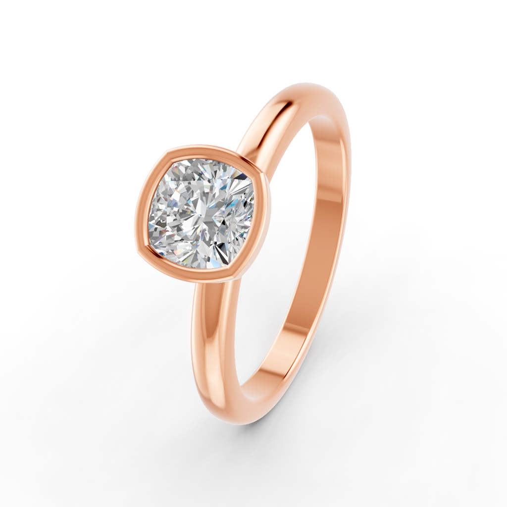 Cushion Cut Real Moissanite Bezel Set Solitaire Ring 14K Gold Plated : FJ_040