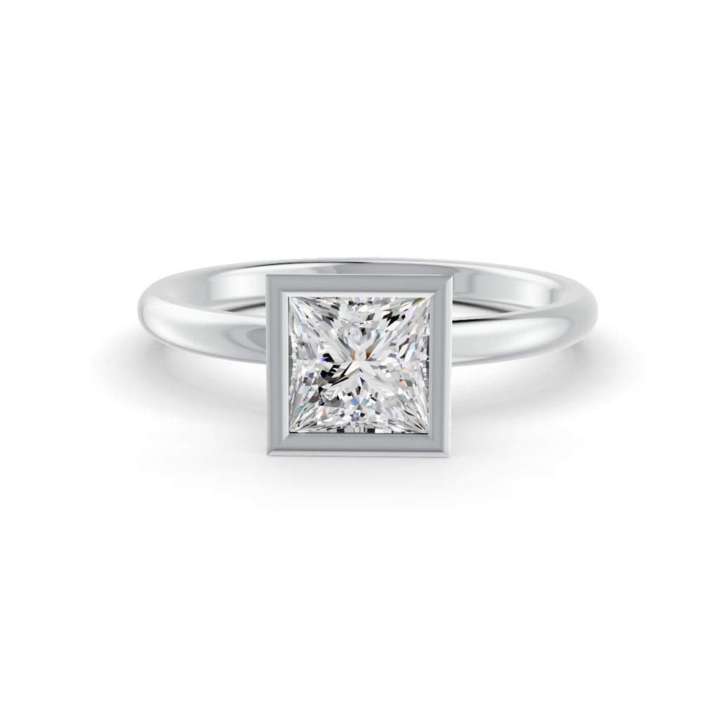 Princess Cut Real Moissanite Bezel Set Solitaire Ring 14K Gold Plated : FJ_036