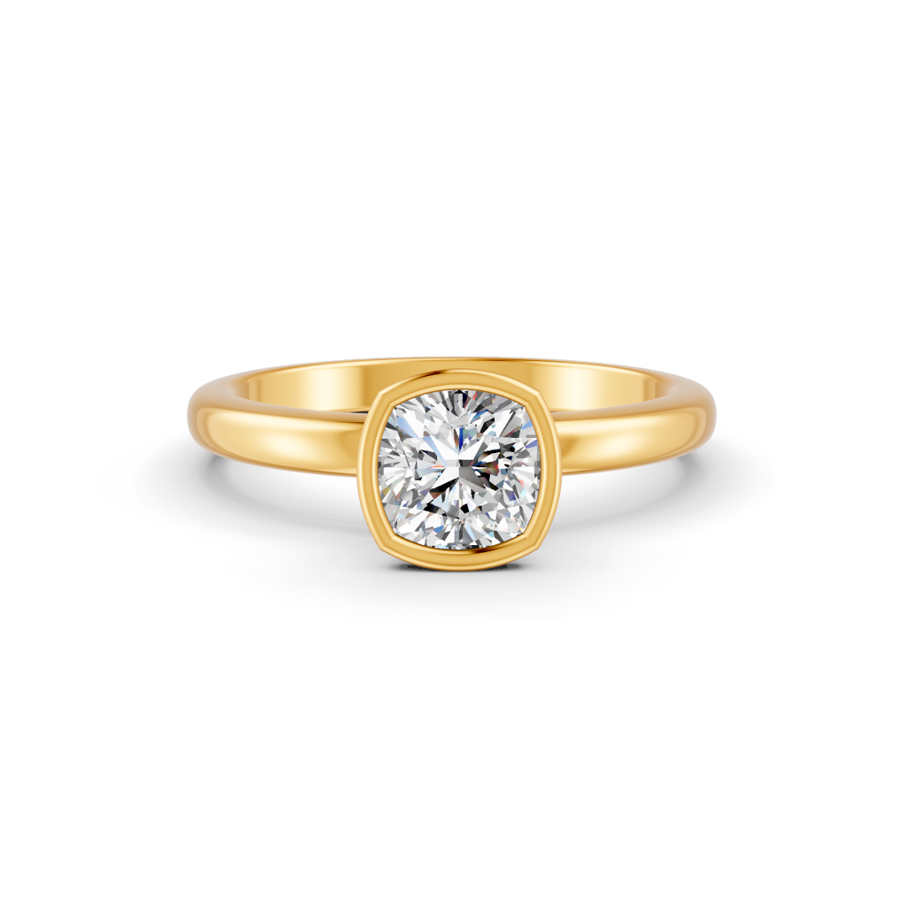 Cushion Cut Real Moissanite Bezel Set Solitaire Ring 14K Gold Plated : FJ_040