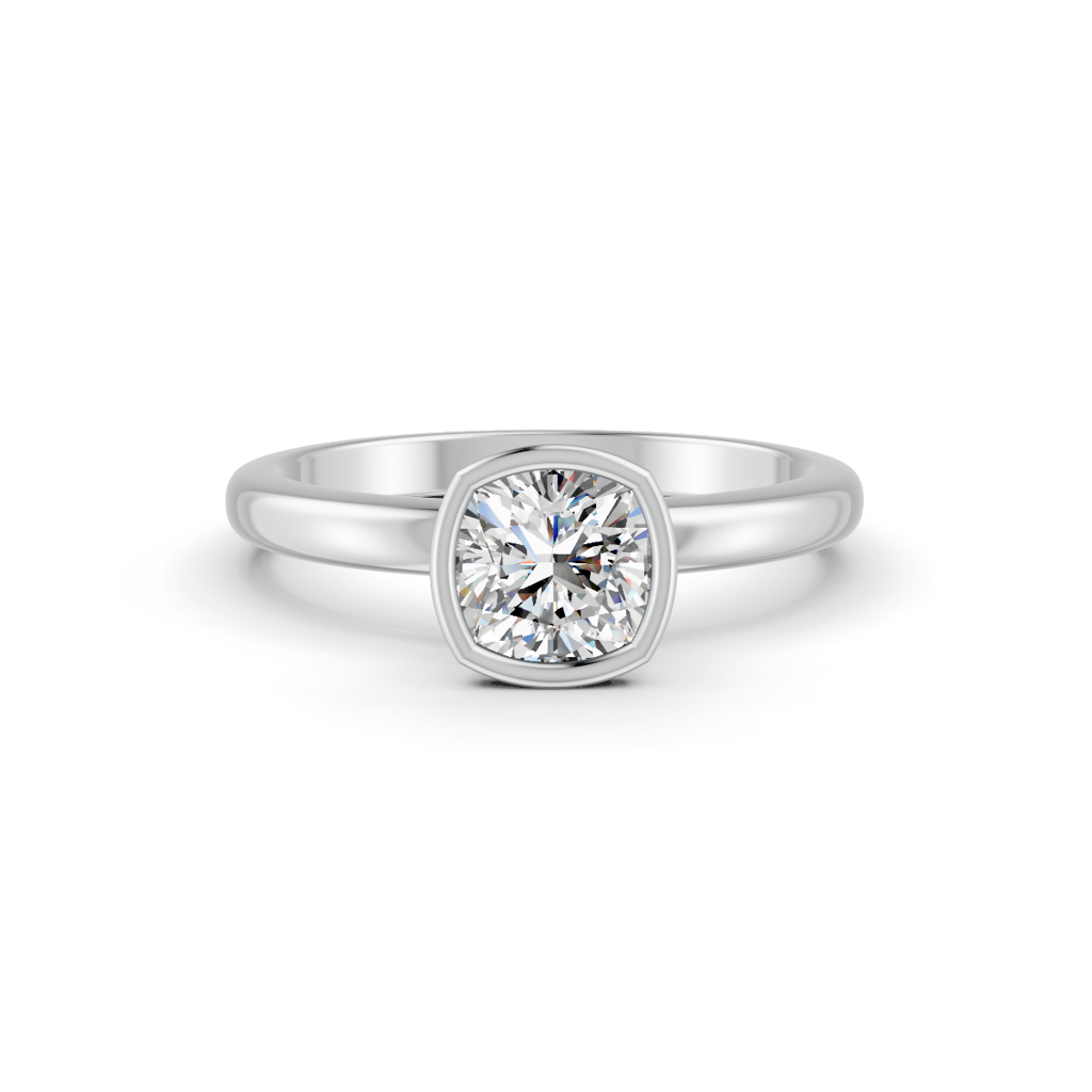 Cushion Cut Real Moissanite Bezel Set Solitaire Ring 14K Gold Plated : FJ_040