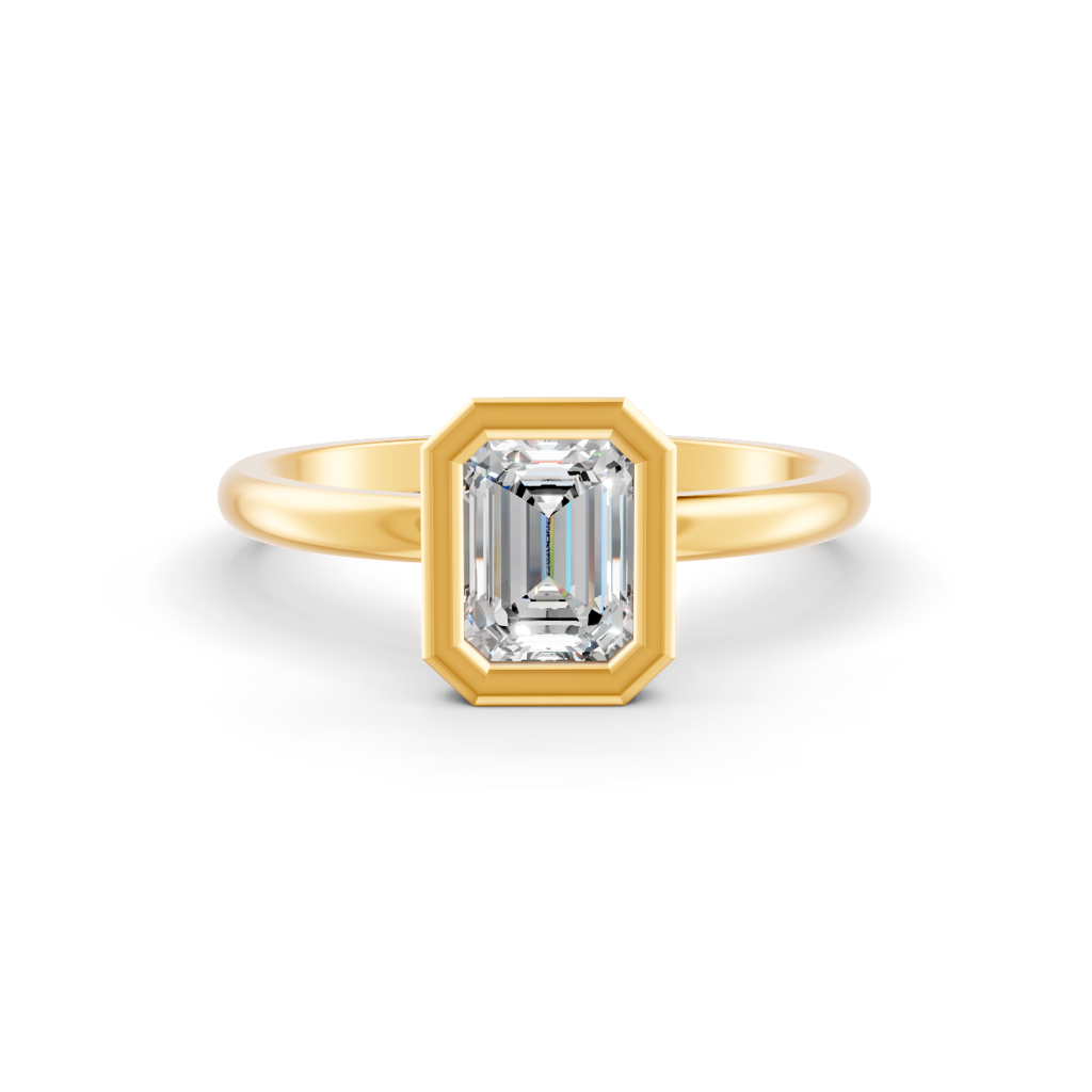 Emerald Cut Real Moissanite Bezel Set Solitaire Ring 14K Gold Plated : FJ_041