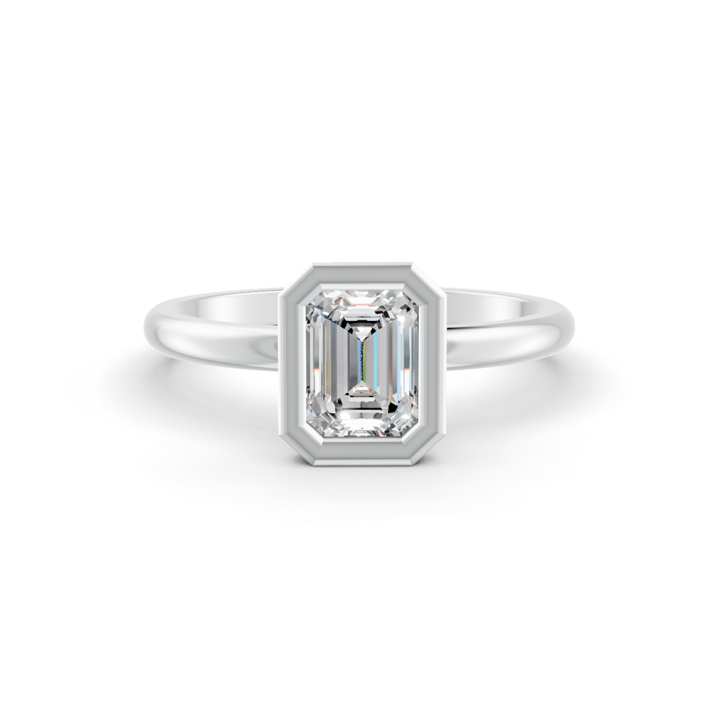 Emerald Cut Real Moissanite Bezel Set Solitaire Ring 14K Gold Plated : FJ_041