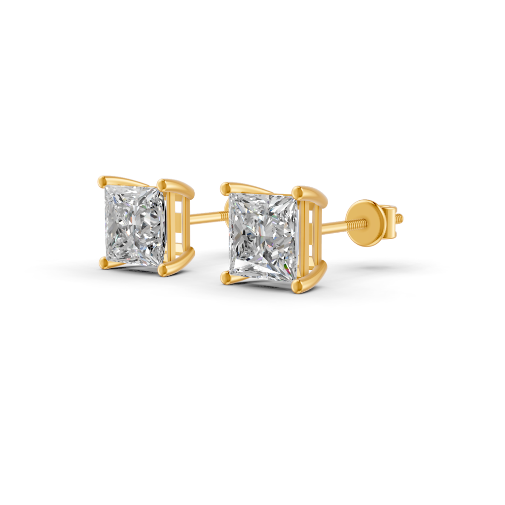 Princess Natural Moissanite Women'S 4 Prong Solitaire Stud Earrings 14K Gold Plated : FJ_089