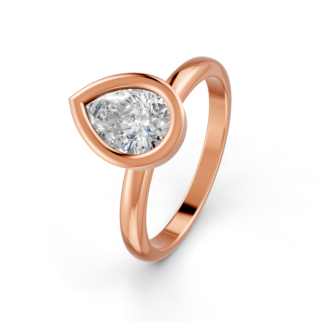 Pear Cut Real Moissanite Bezel Set Solitaire Ring 14K Gold Plated : FJ_034