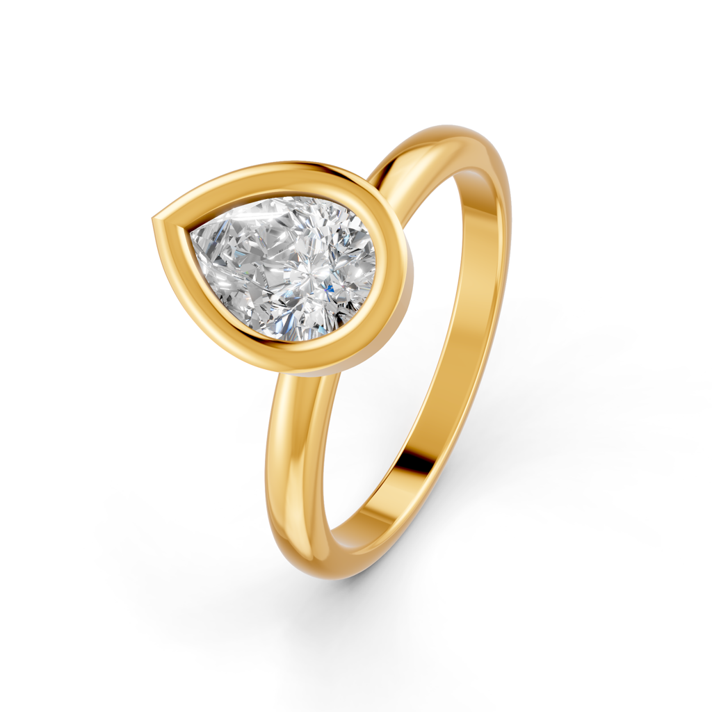 Pear Cut Real Moissanite Bezel Set Solitaire Ring 14K Gold Plated : FJ_034