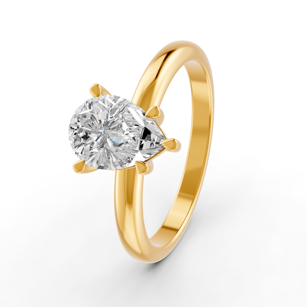 Pear Cut Real Moissanite 5 Prong Solitaire Ring 14K Gold Plated : FJ_048