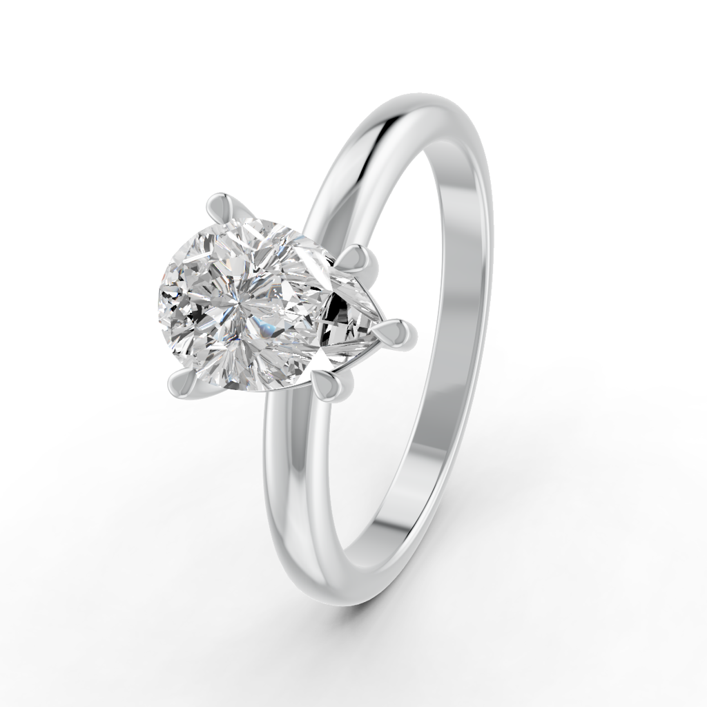 Pear Cut Real Moissanite 5 Prong Solitaire Ring 14K Gold Plated : FJ_048