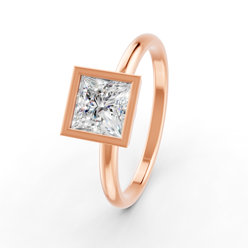 Princess Cut Real Moissanite Bezel Set Solitaire Ring 14K Gold Plated : FJ_036