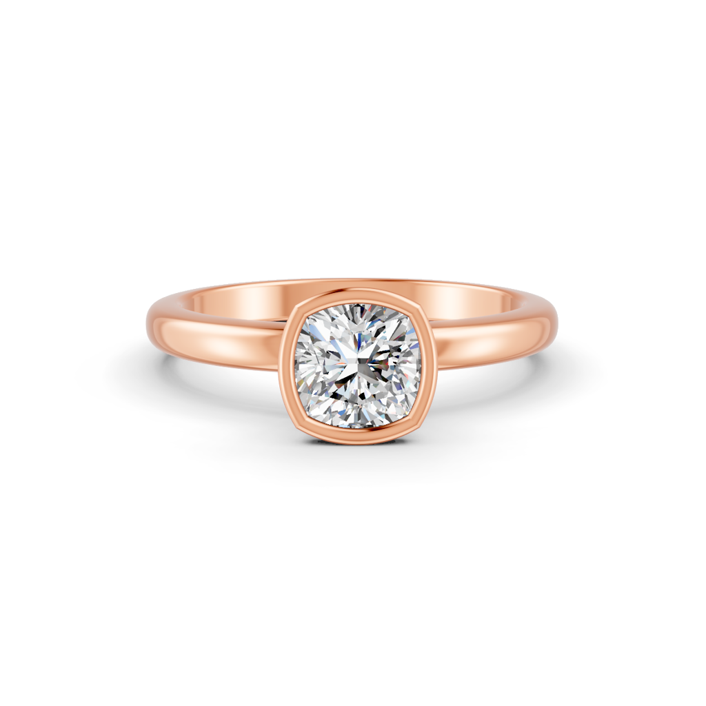 Cushion Cut Real Moissanite Bezel Set Solitaire Ring 14K Gold Plated : FJ_040