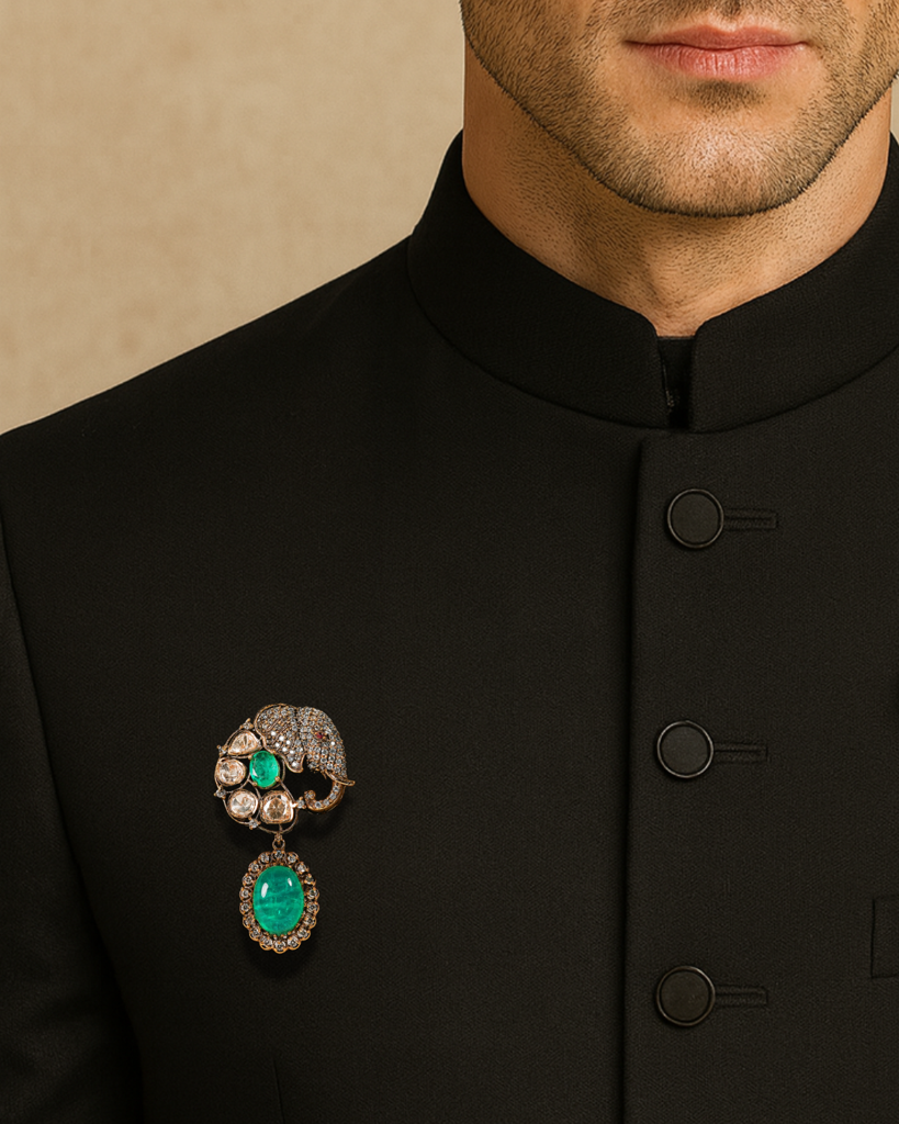 Elephant Motif Polki Brooch With Emerald : PR-150BH