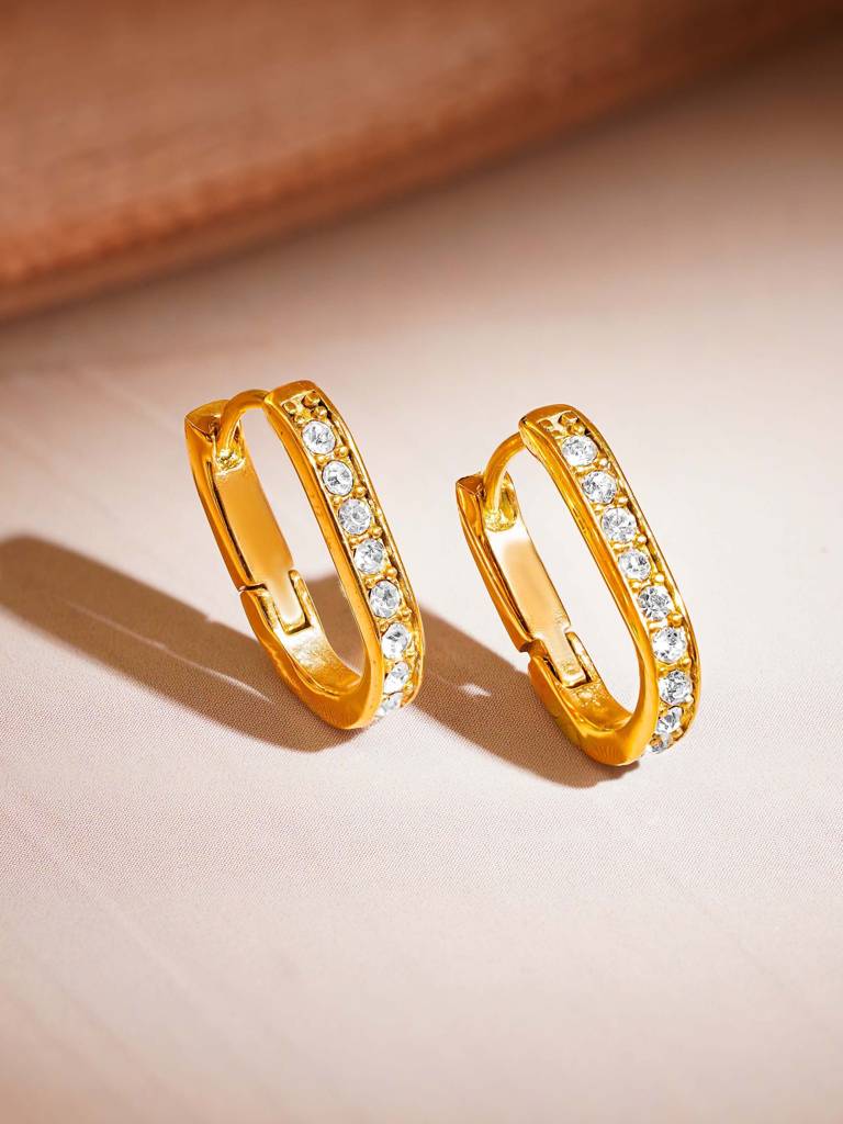 18K Gold Plated Dainty Zircon Studded Oval Hoop Earrings : SSER59