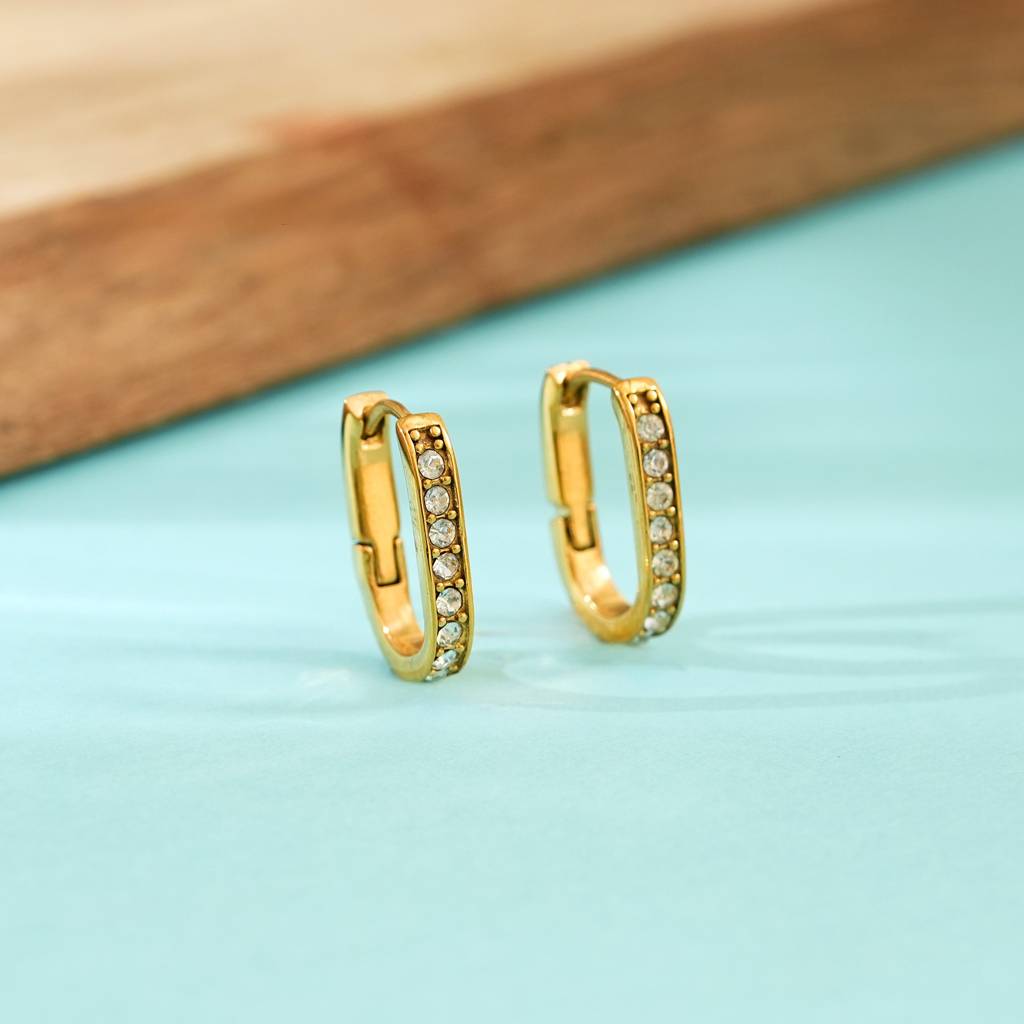 18K Gold Plated Dainty Zircon Studded Oval Hoop Earrings : SSER59