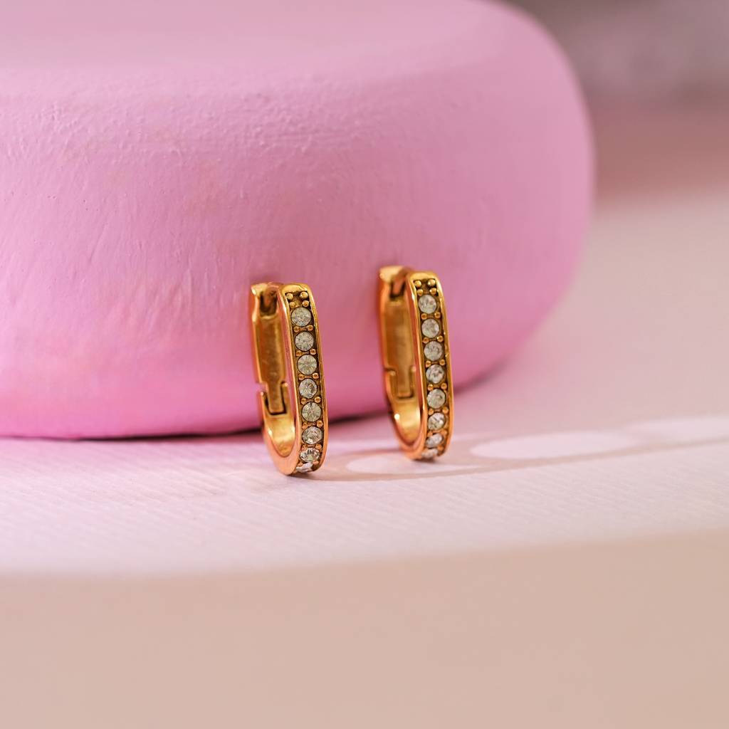 18K Gold Plated Dainty Zircon Studded Oval Hoop Earrings : SSER59