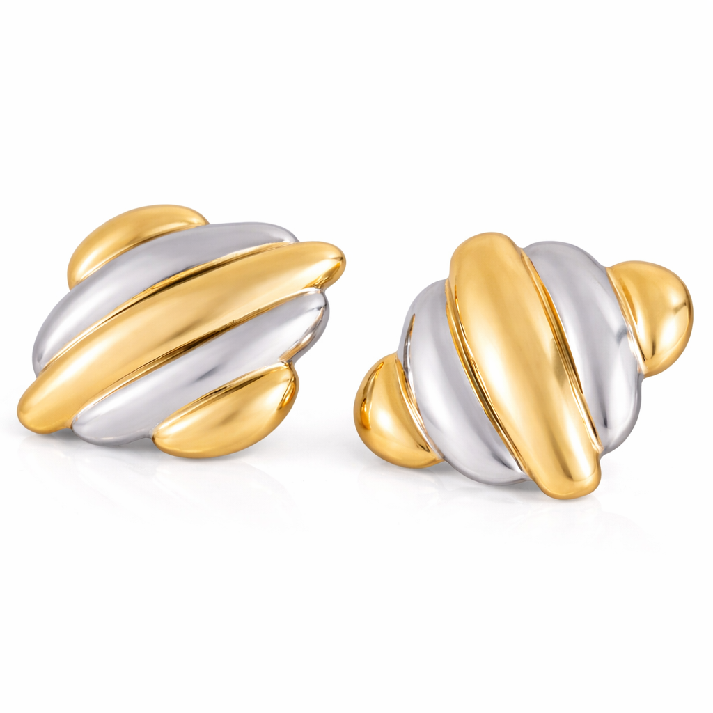 18K Gold Plated Two-Tone Sculpted Shell Stud Earrings For Women : SSER74