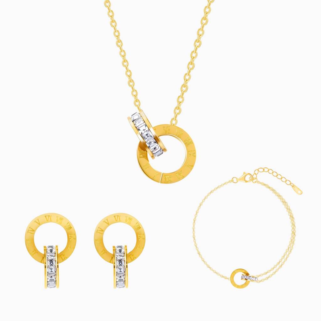 18K Gold Plated Golden Orbit Jewellery Set Of 3 (Bracelet, Necklace, And Earrings) : SSJS14