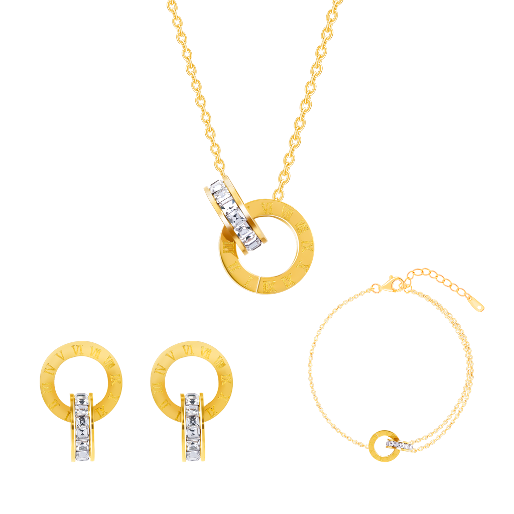 18K Gold Plated Golden Orbit Jewellery Set Of 3 (Bracelet, Necklace, And Earrings) : SSJS14