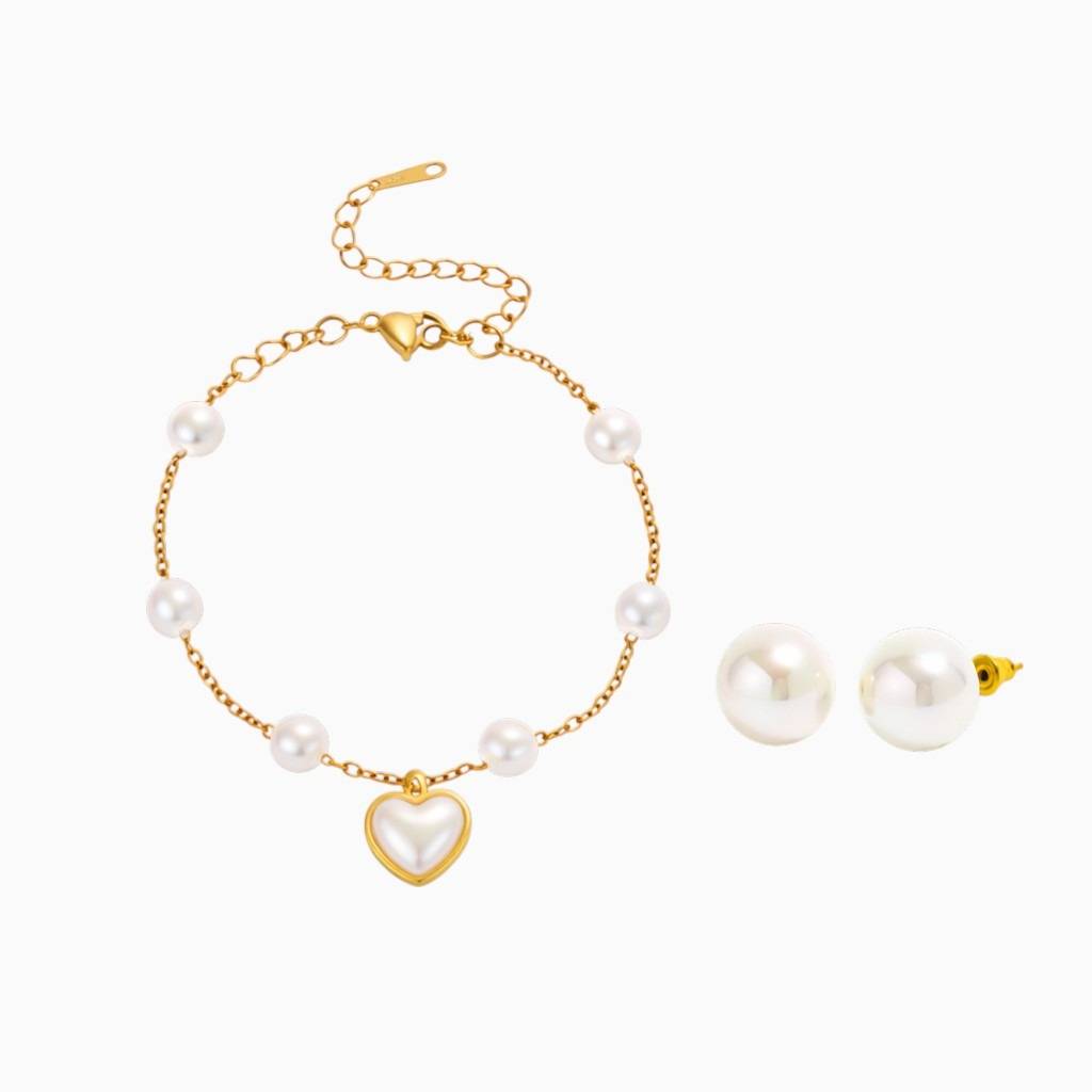 18K Gold Plated Pearl Heart Bracelet And Stud Earrings Set For Women : SSJS22