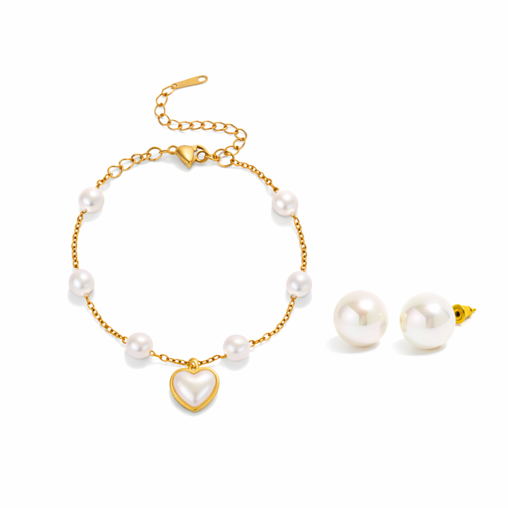 18K Gold Plated Pearl Heart Bracelet And Stud Earrings Set For Women : SSJS22