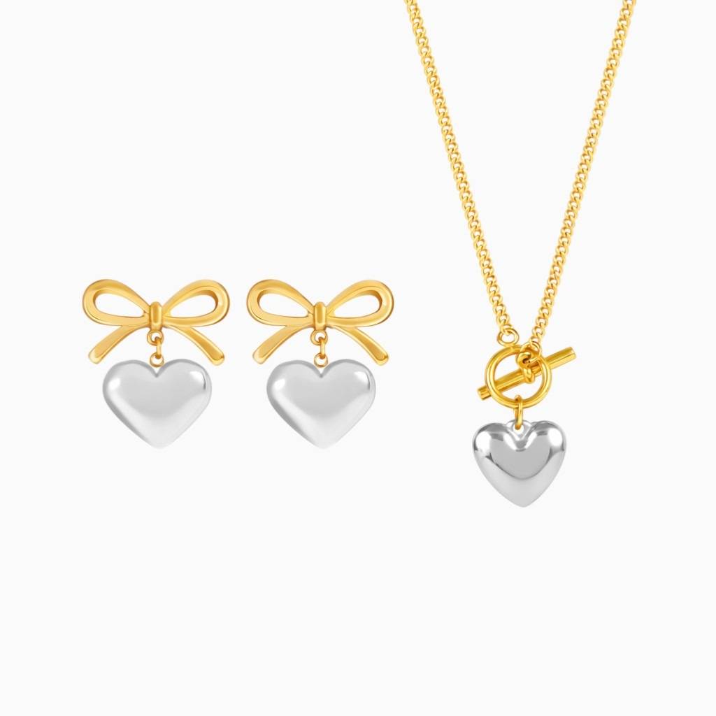 18K Gold Plated Multi Tone Heart Pendant Necklace And Bow Heart Earrings Set For Women : SSJS24