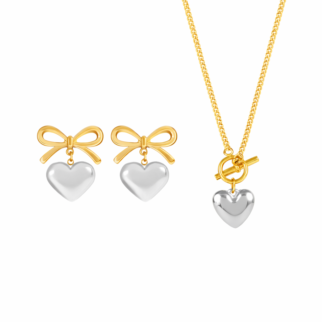 18K Gold Plated Multi Tone Heart Pendant Necklace And Bow Heart Earrings Set For Women : SSJS24