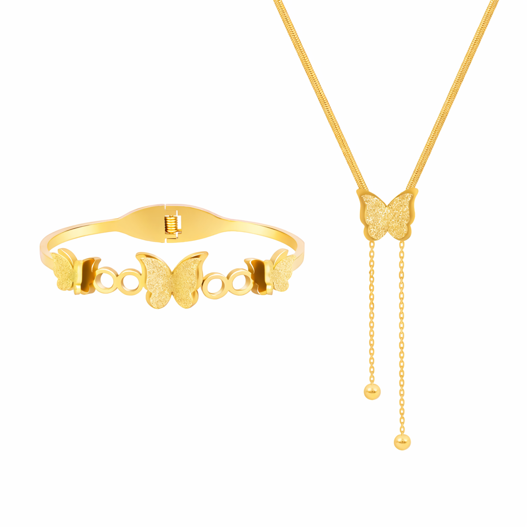 18K Gold Plated Butterfly Drop Necklace And Bracelet Set For Women : SSJS25