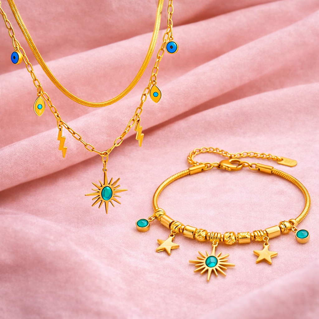 18K Gold Plated Evil Eye Multi-Layered Necklace And Charm Bracelet Set For Women : SSJS31