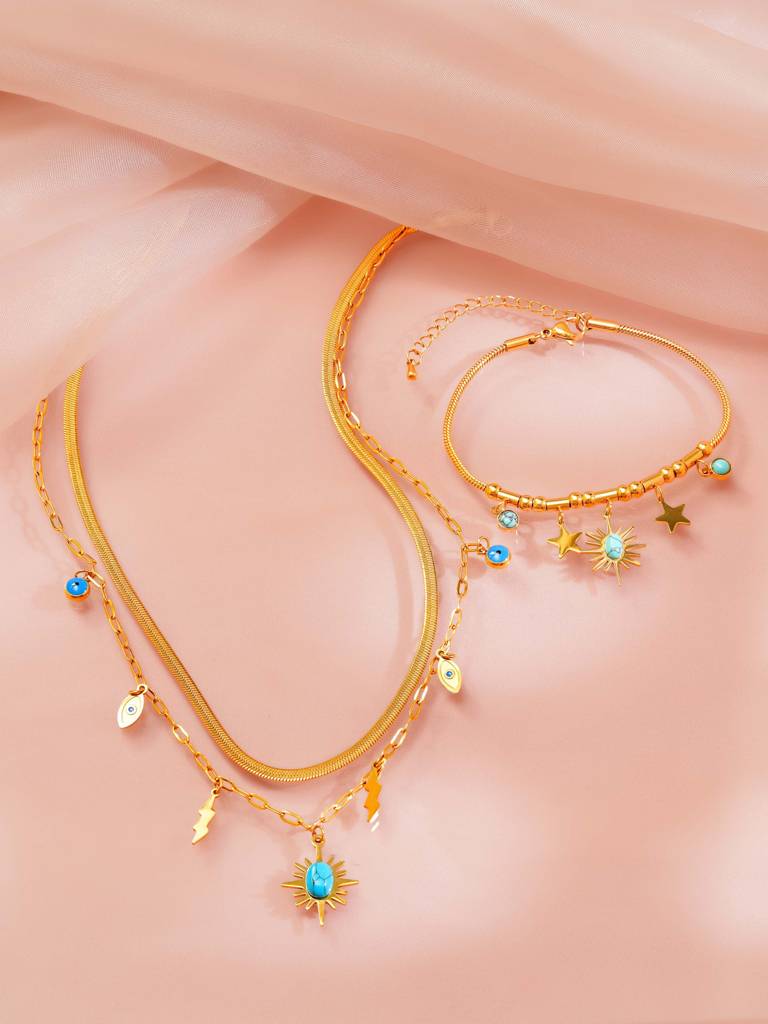 18K Gold Plated Evil Eye Multi-Layered Necklace And Charm Bracelet Set For Women : SSJS31