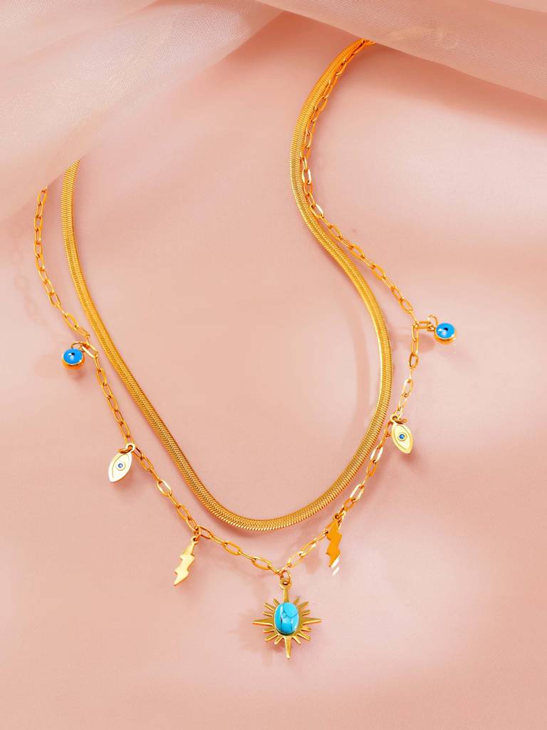 18K Gold Plated Evil Eye Multi-Layered Necklace And Charm Bracelet Set For Women : SSJS31