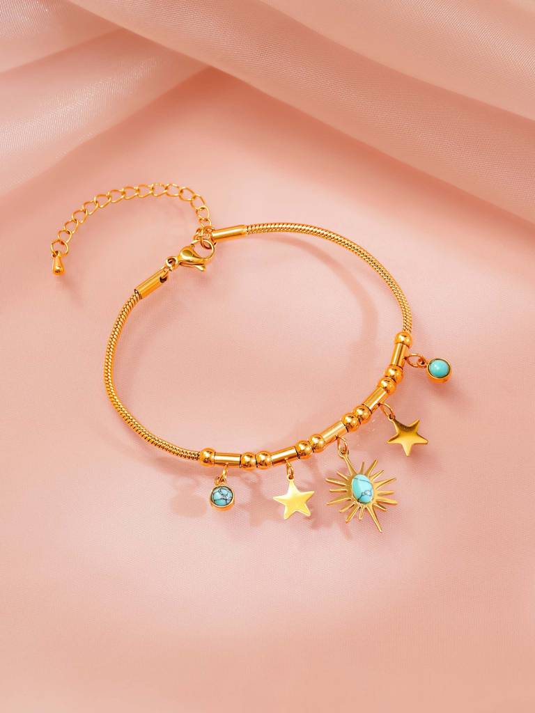 18K Gold Plated Evil Eye Multi-Layered Necklace And Charm Bracelet Set For Women : SSJS31