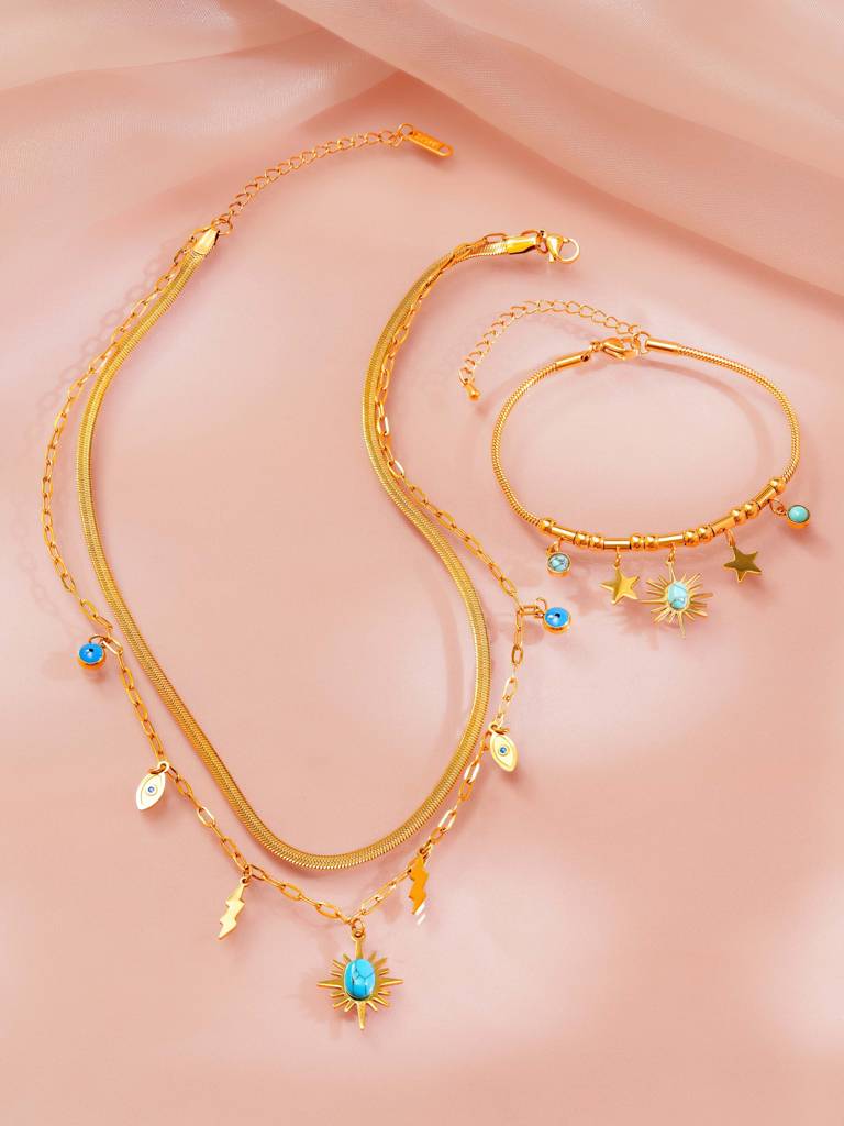 18K Gold Plated Evil Eye Multi-Layered Necklace And Charm Bracelet Set For Women : SSJS31