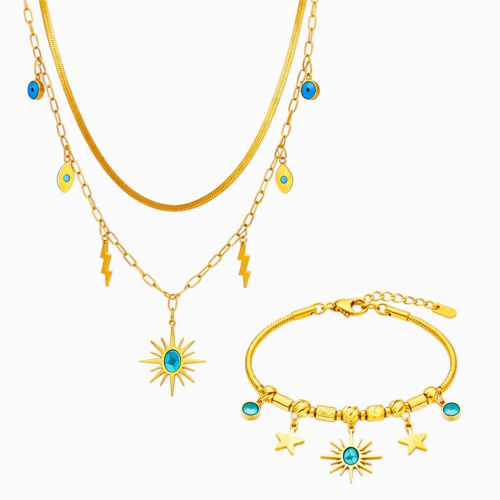18K Gold Plated Evil Eye Multi-Layered Necklace And Charm Bracelet Set For Women : SSJS31