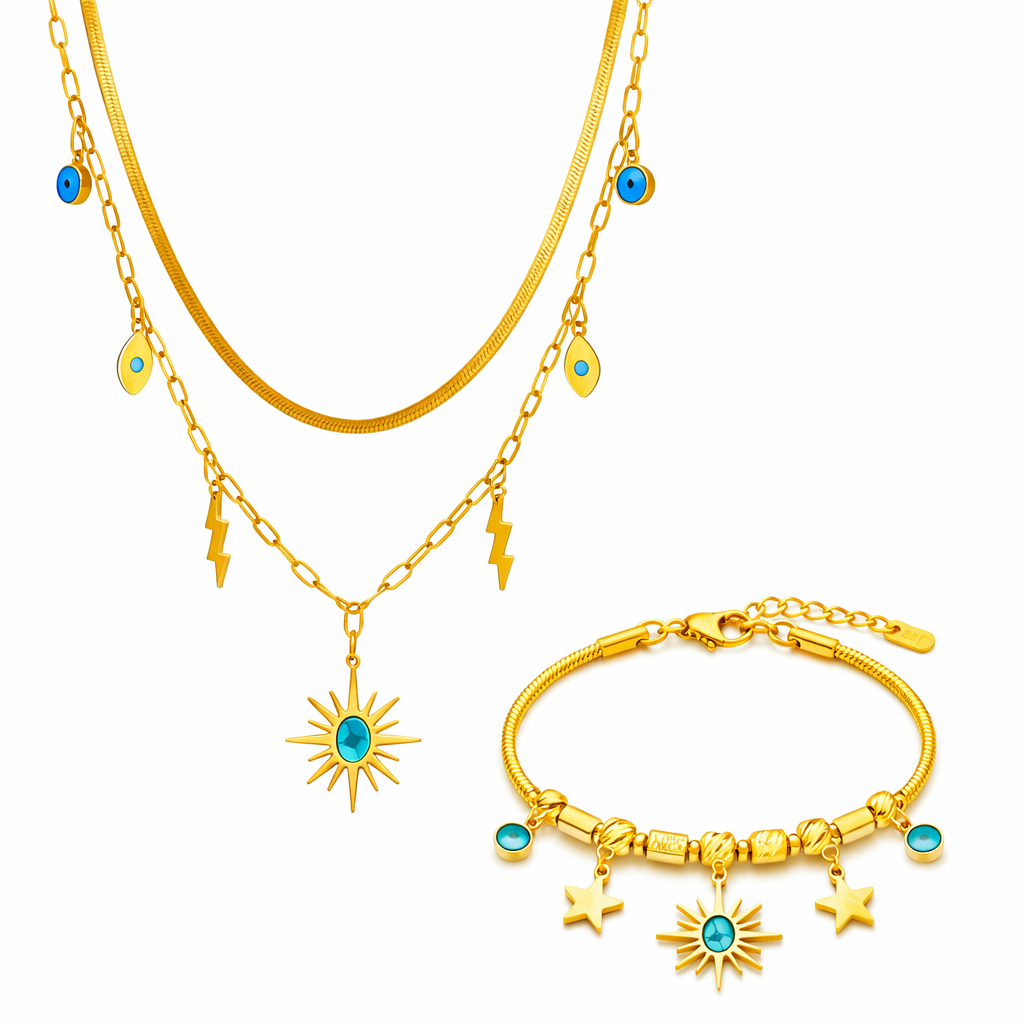 18K Gold Plated Evil Eye Multi-Layered Necklace And Charm Bracelet Set For Women : SSJS31