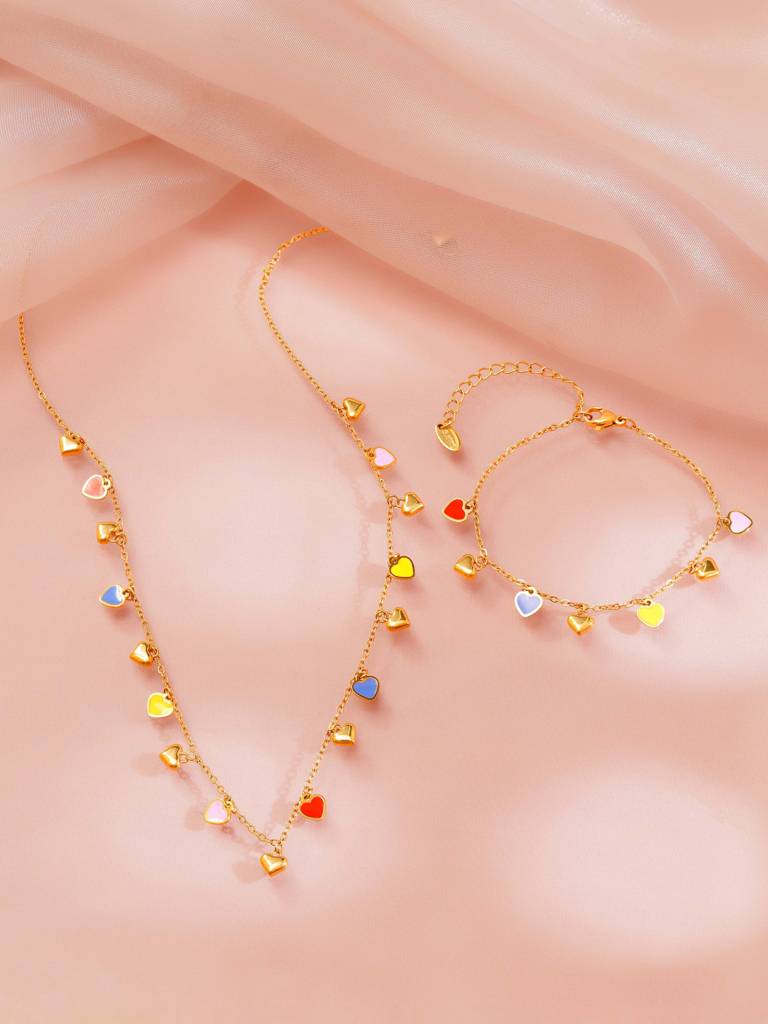 18K Gold Plated Multicolor Heart Charm Necklace And Bracelet Set For Women : SSJS34