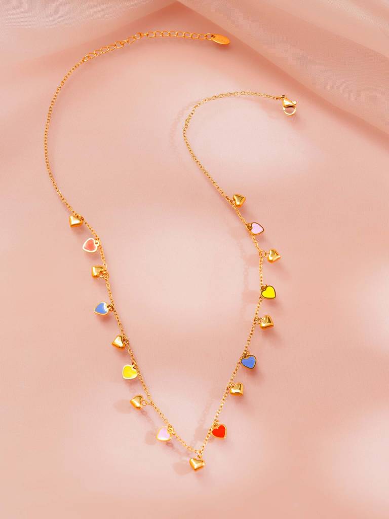 18K Gold Plated Multicolor Heart Charm Necklace And Bracelet Set For Women : SSJS34