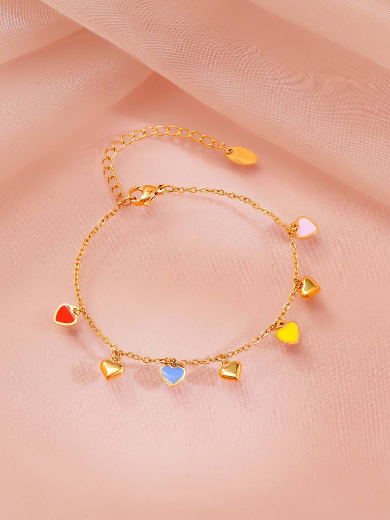 18K Gold Plated Multicolor Heart Charm Necklace And Bracelet Set For Women : SSJS34