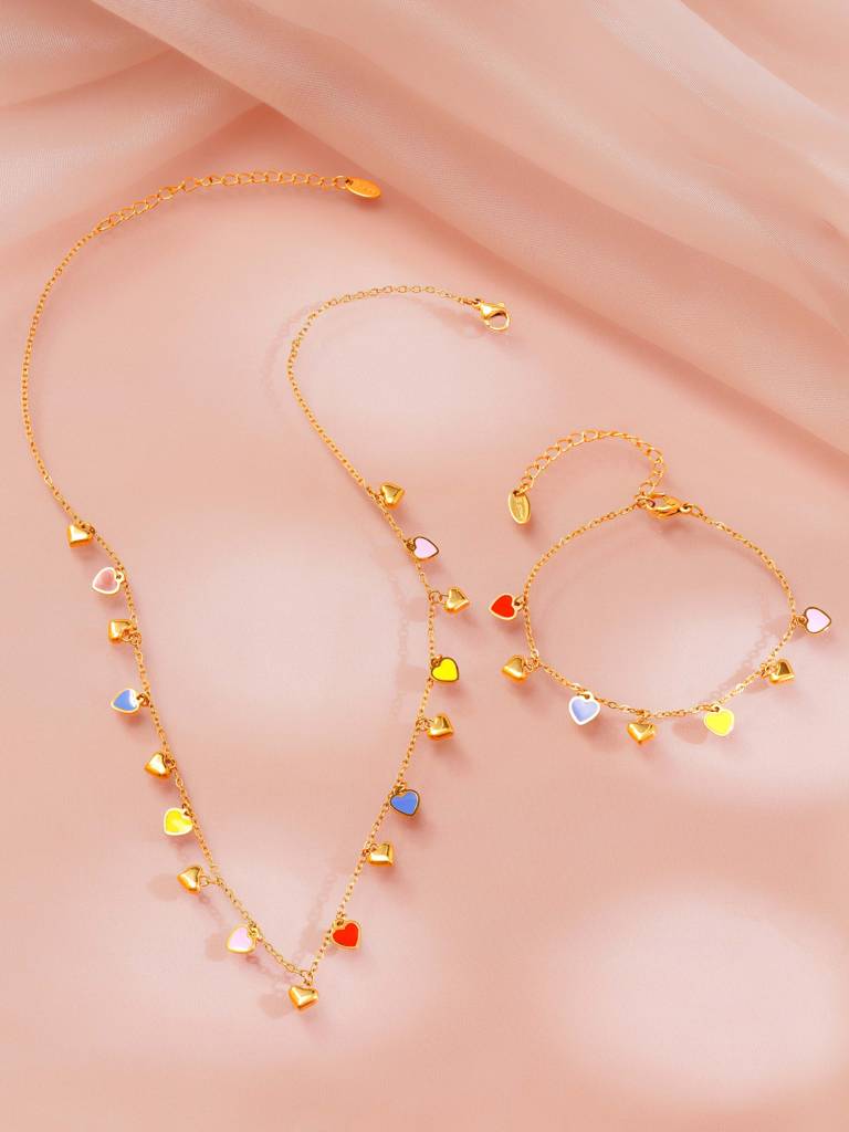 18K Gold Plated Multicolor Heart Charm Necklace And Bracelet Set For Women : SSJS34