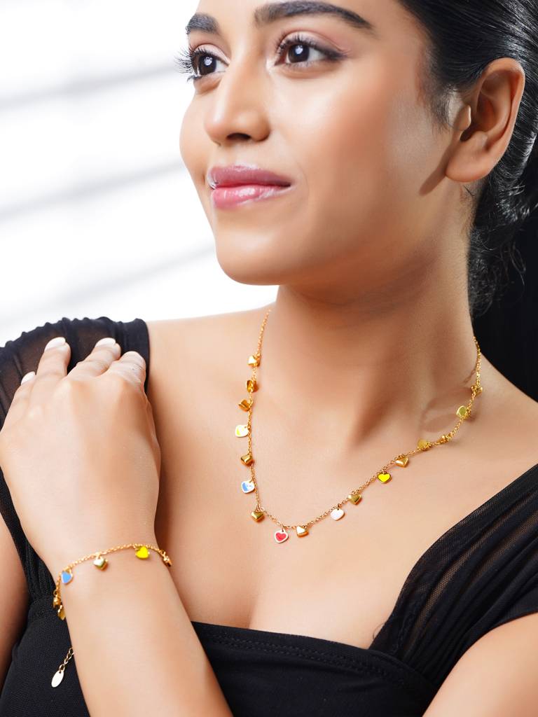18K Gold Plated Multicolor Heart Charm Necklace And Bracelet Set For Women : SSJS34