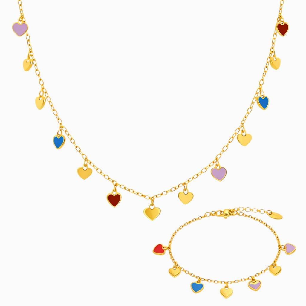 18K Gold Plated Multicolor Heart Charm Necklace And Bracelet Set For Women : SSJS34