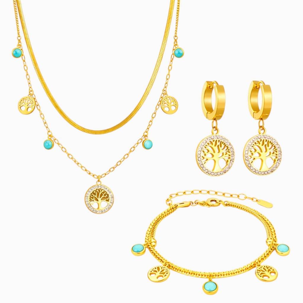 18K Gold Plated Multi-Layer Tree Of Life Necklace, Bracelet And Earrings Set For Women : SSJS37