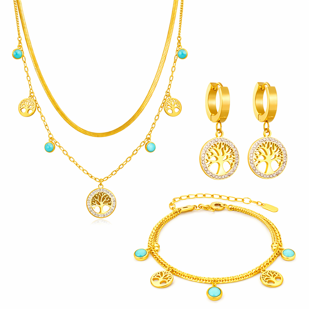 18K Gold Plated Multi-Layer Tree Of Life Necklace, Bracelet And Earrings Set For Women : SSJS37
