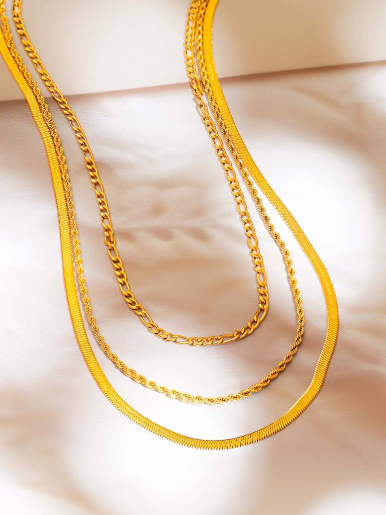 18K Gold Plated Three Layer Necklace Figaro, Rope & Snake Chains : SSNC30