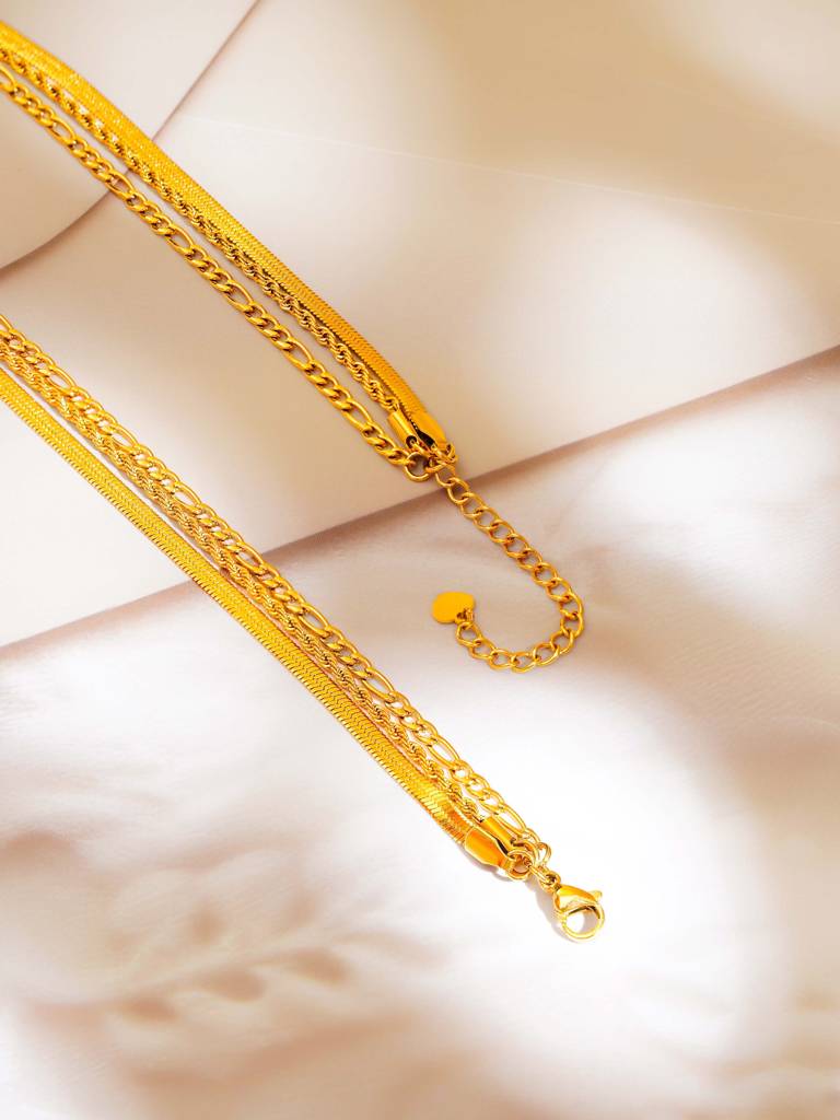 18K Gold Plated Three Layer Necklace Figaro, Rope & Snake Chains : SSNC30