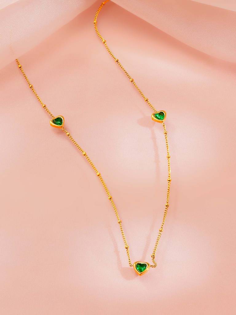 18K Gold Plated Green Heart Station Necklace For Women : SSNC71