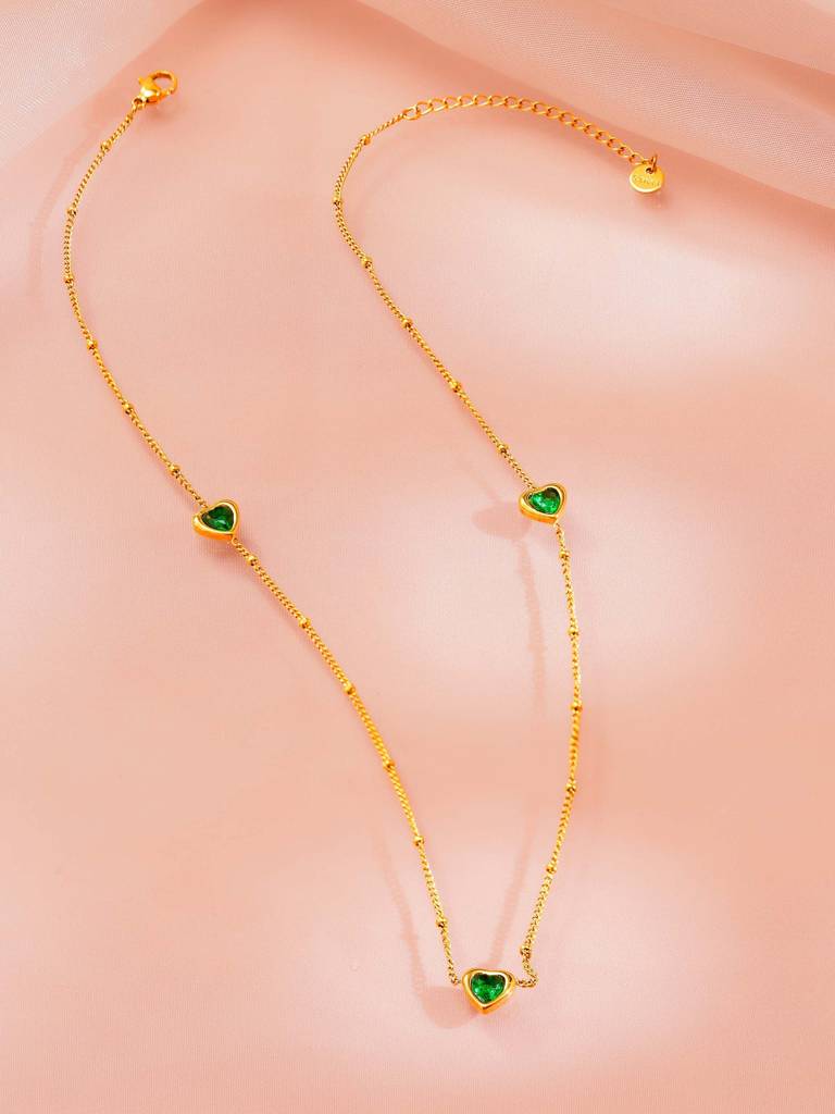 18K Gold Plated Green Heart Station Necklace For Women : SSNC71